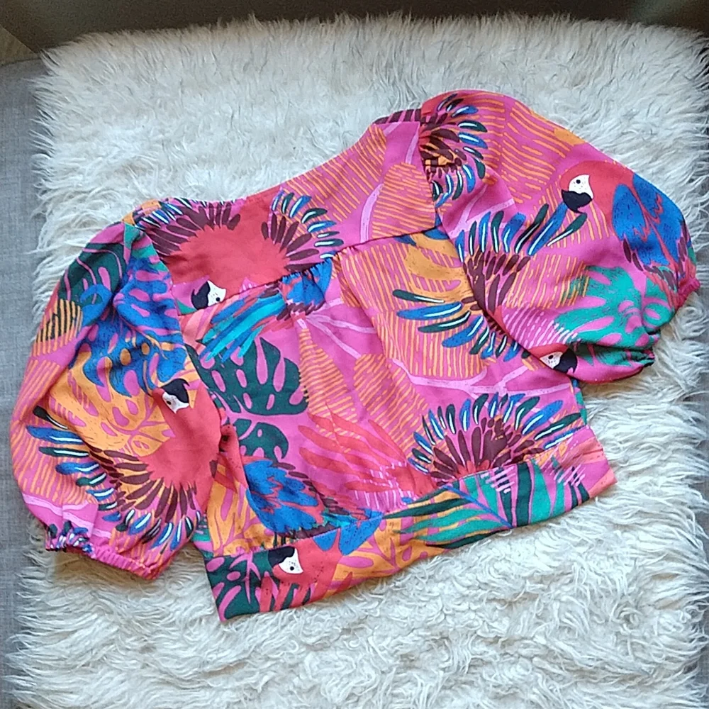 Joie Tropical Rio Parrot Cropped Balloon Sleeve Button Down Tie Front Top S